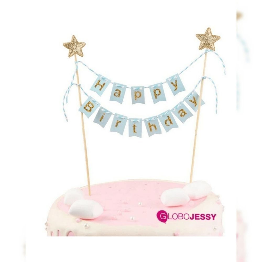 Happy Birthday Blue Gold Large Cake Topper Banner NWT
